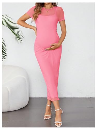 OYOANGLE Women's Maternity Sheer Short Sleeve Bodycon Dresses - color: Pink, size: Medium