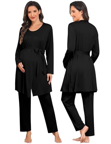 SWOMOG Maternity Nursing Robe Set 3 PCS Postpartum Breastfeeding Pajamas Lounge Hospital Pregnancy Pjs with Robe - color: Black, size: Medium
