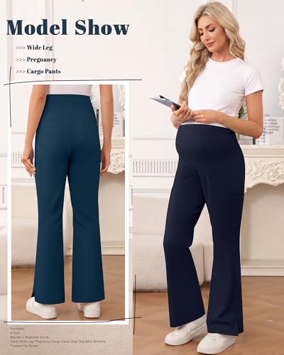 2 Pack Women's Maternity Wide Leg Cargo Scrub Pants - color: Emerald Green, Navy Blue, size: Medium