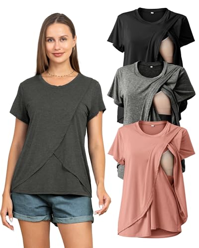 Rnxrbb 3 Pack Nursing Tops for Women Maternity Breastfeeding Shirts - color: Flecking Grey&black&pink, size: Large