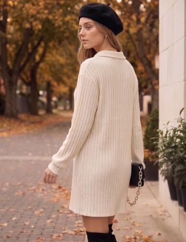 Naggoo Womens Fall Long Sleeve Dresses Collared V Neck Sweater Mini Dress - color: Apricot, size: Large