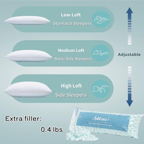 Rainmr Queen Size Bed Pillow for Sleeping Shredded Memory Foam Adjustable Loft Pillows with Cooling Washable Pillow Case, 20x30 inches (White, Queen 1-Pack) - size: 20x30 IN