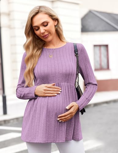 Maternity Shirts Dressy Long Sleeve Pregnancy Fall Tops Work Blouses - color: Light Purple, size: Small