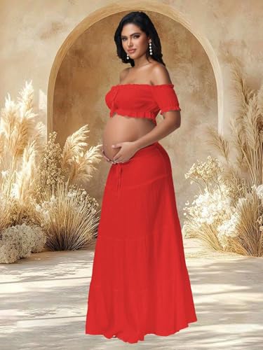 Maternity Boho 2 Piece Outfits Dress for Photoshoot Baby Shower - color: Red, size: Large
