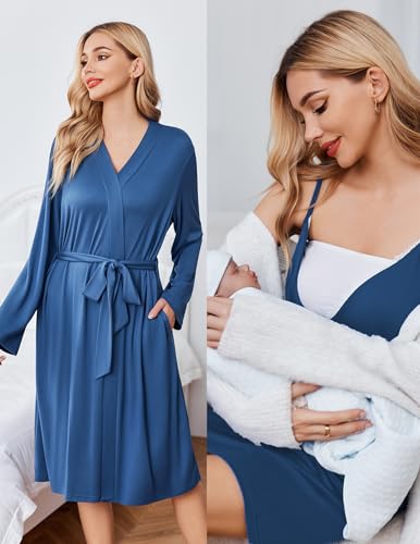 Ekouaer Nursing Nightgown and Maternity Robe Set Labor and Delivery Gown - color: Navy Blue, size: Large