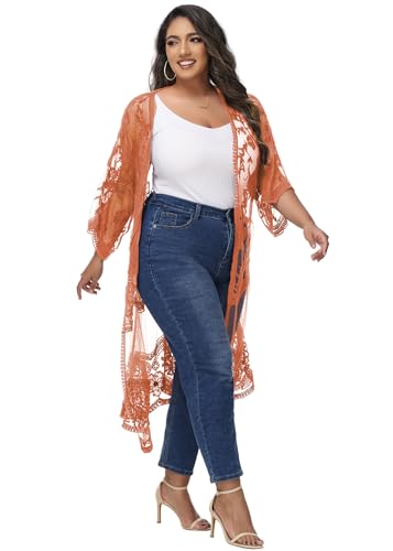 Anna-Kaci Women's Plus Size Lace Cardigan Embroidered Long Kimono Dusters with Half Sleeves - color: Rustic Orange, size: X-Large-XX-Large