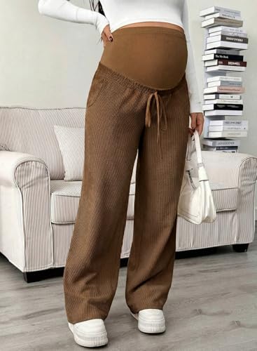 BLENCOT Maternity Pants Over Belly Wide Leg Pregnancy Casual Sweatpants - color: Coffee, size: X-Large