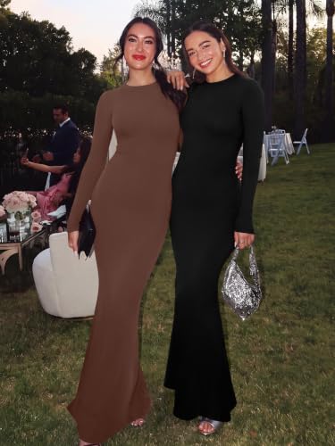 REORIA Women's Long Sleeve Ribbed Bodycon Maxi Dresses - color: Coffee, size: X-Large