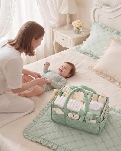 Blissful Diary Baby Diaper Caddy Organizer, Nursery Basket, Bow Sage Green - color: Bow Sage Green