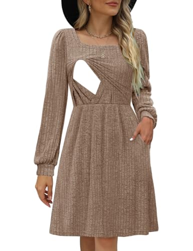 CzzzyL Womens Nursing Fall Dresses Square Neck Knit Sweater with Pockets - color: Begie, size: Small