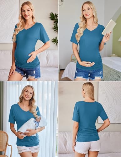 Ekouaer 3 Pack Maternity Shirts V Neck Pregnancy Tops Tunic Blouse Summer - color: Green/Teal/Black, size: Medium