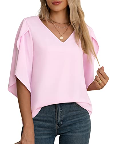 Jouica Women's 3/4 Ruffled Sleeve Blouses Summer Chiffon Casual Loose Tops - color: 01light Pink, size: Small