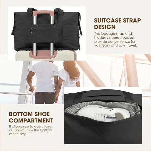 Oeihuivt Weekender Bags for Women - 21 Inch Large Travel Duffel Bag 2-Piece Set with Shoe Compartment, Heavy-Duty Canvas Leather Carry On Overnight Tote, Black - color: Black1B