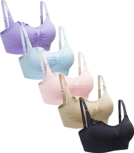 Suekaphin 5PACK Nursing Bra Wireless Bra Women's Sleeping Maternity Bra Breastfeeding Bra - color: Black/Nude/Pink/Purple/Lightblue, size: Large