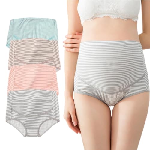 Maternity Cotton Underwear High Waist Adjustable Pregnancy Seamless Soft Hipster Panties Over Bump 4-Pack - color: Classic Stripes(4 Pack), size: Large