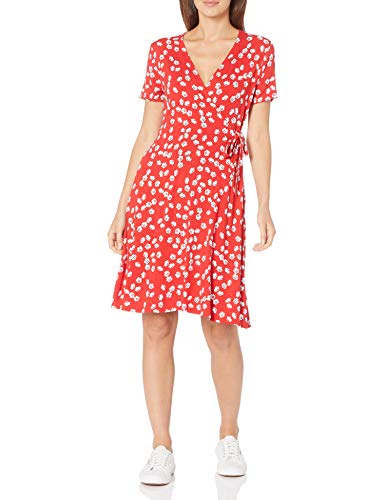 Amazon Essentials Women's Short Sleeve V Neck Faux-Wrap Dress, Fitted - color: Red Tossed Poppy, size: Small