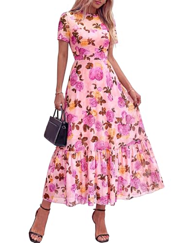 BTFBM Womens Mesh Ruffle Boho Cocktail Dresses - color: Floral Pink Purple, size: X-Small