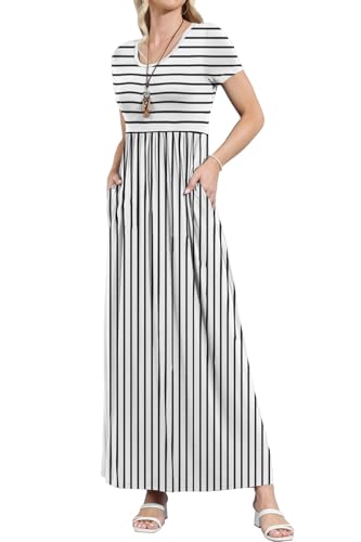 EUOVMY Women's Short Sleeve Loose Plain Maxi Dresses Casual Vacation Long Dresses with Pockets - color: 1-white Striped, size: Small