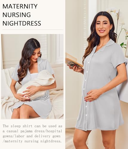 Ekouaer Womens Nightgown Button Down Short Sleeve Notch Collar Sleep Shirt - color: Light Grey, size: 3X-Large