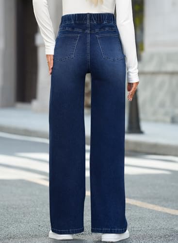 BLENCOT Women's Maternity Jeans High Waist Side Panel Wide Leg Denim Pants - color: Navy Blue, size: Medium
