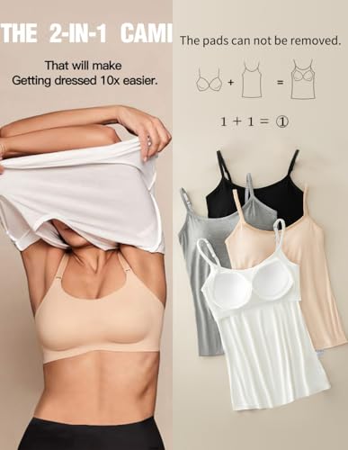 Womens Tank Tops Adjustable Strap Camisole with Built in Padded Bra Vest Sleeveless Layer Top 1/2/3 Packs - color: Black, size: Small
