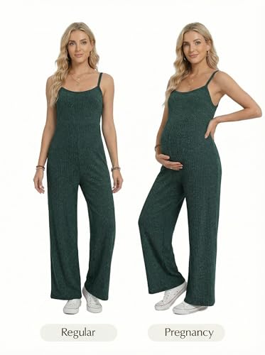 BLENCOT Maternity Ribbed Jumpsuit Stretchy One Piece Wide Leg Romper - color: Dark Green, size: XX-Large