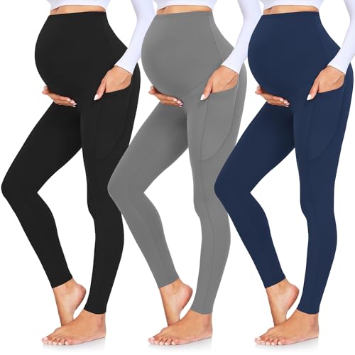 GROTEEN 3 Pack Maternity Leggings with Pockets Over Belly Yoga Pants - color: 02c-black/Navy Blue/Dark Gray, size: Small