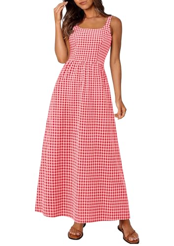 PRETTYGARDEN Women's Summer Gingham Maxi Long Dress - color: Brilliant Red, size: Large