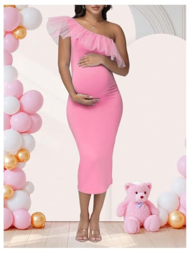 OYOANGLE Women's Maternity Ruffle One Shoulder Dress Bodycon Midi Dresses - color: Pink, size: Medium