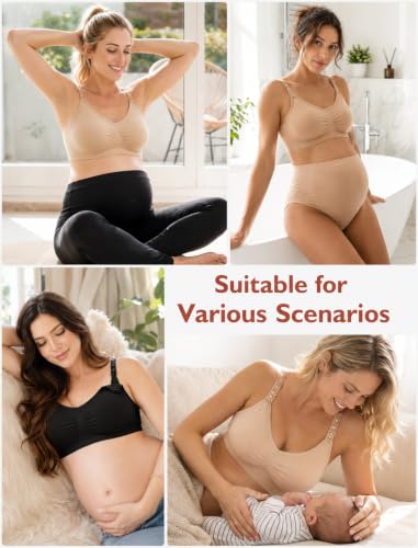 HOFISH 3PACK Full Bust Seamless Nursing Maternity Bras Bralette S-XXL with Extra Bra Extenders & Clips - color: 1 Black/2 Beige, size: Medium