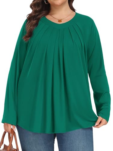 Tencede Womens Plus Size Tops Long Sleeve Shirts V Neck Tunic Blouses 1X-5X - color: Emerald Green, size: 3X-Large