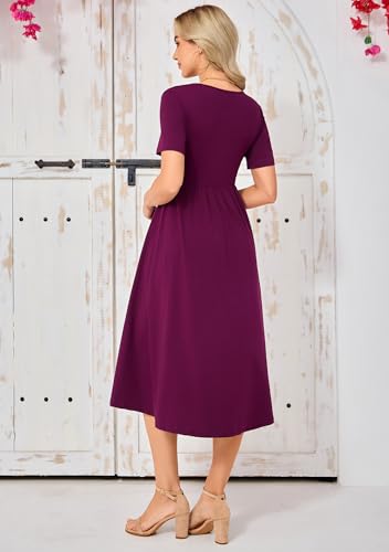 Women's Cotton Nursing Dresses Breastfeeding Midi Breastfeeding Dress with Pockets - color: Burgundy, size: Medium