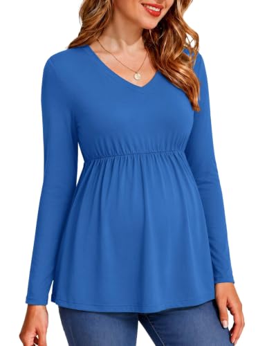 Ekouaer Maternity Shirts for Women Long Sleeve V Neck Fall Tops Clothes - color: Blue, size: Small