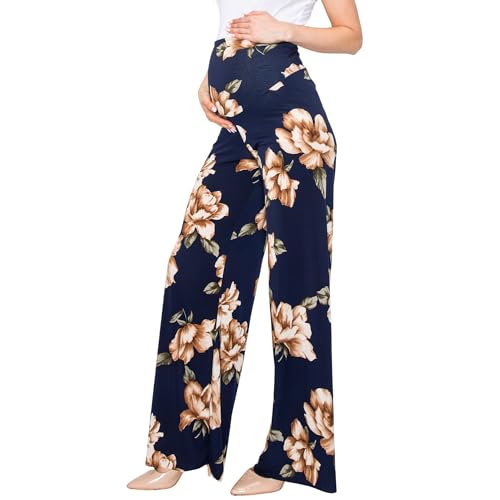 My Bump Women's Maternity Casual Bohemian Damask Palazzo Pants W/Tummy Control - color: Navy, size: Medium