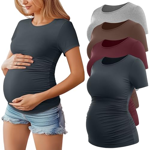 Huukeay 4 Pack Women's Short Sleeve Maternity Tops - color: Dark Gray, Burgundy, Coffee, Light Heather Gray, size: Small
