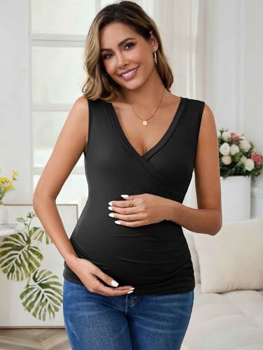 Womens 2-Pack Outfits Nursing Tank Wrap V-Neck Shirts Ruched Breastfeeding Sleeveless Maternity Tops - color: Black&gray, size: Medium