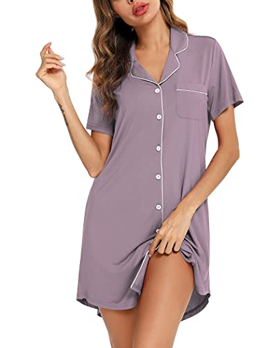 Senert Nightgowns for Women Button Down Sleeve Sleep Shirt Night Gowns - color: Violet, size: Medium