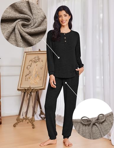 Ekouaer Womens Pajama Sets Long Sleeve Henley Neck Pj Sets Loungewear 2pcs - color: Black, size: Small