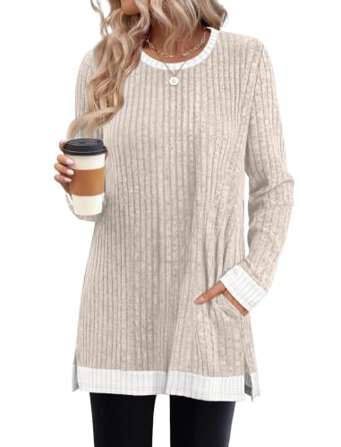 Sampeel Long Sleeve Shirts for Women Tunic Sweaters Fall Fashion Outfits - color: Cream, size: X-Large