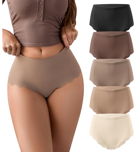 SHARICCA Seamless Underwear for Women Silk High Waisted Cheeky Panties Pack - color: 5p - Brown, size: Small