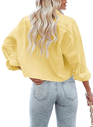 LAYOGAS Womens Crop Button Down Shirts Casual Long Sleeve Lapel Blouse - color: 05-yellow, size: Small