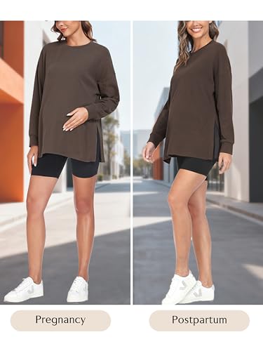 Ecavus Women's Maternity Shirts Long Sleeve Side Split Pregnancy Top - color: Grey, size: Medium