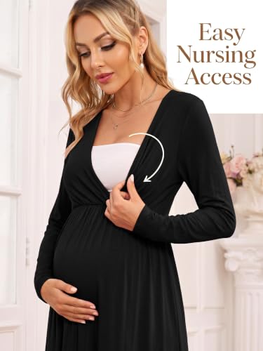 Fall Wrap V Neck Long Sleeve Maternity Maxi Dress Baby Shower - color: Black, size: Small