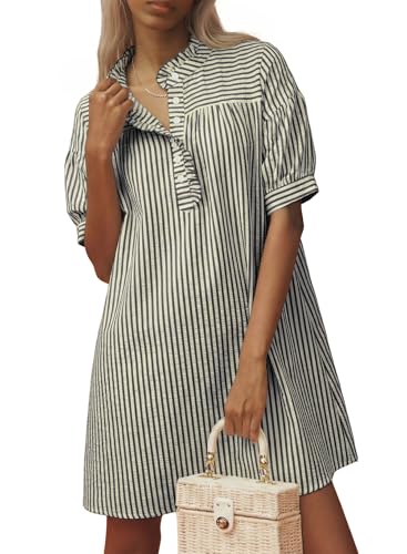 BLENCOT Summer Dresses for Women Puff Sleeve Striped Button Mini Dress - color: Black Stripe, size: X-Large
