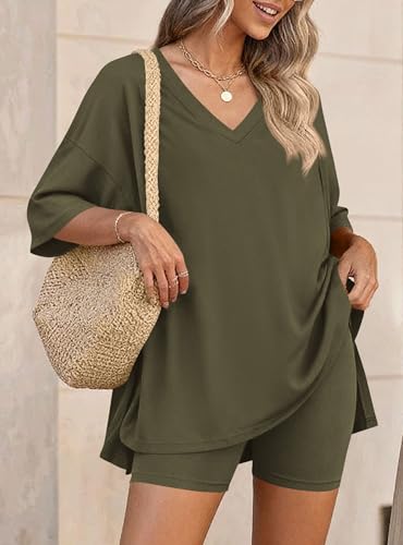 PRETTYGARDEN Womens 2 Piece Outfit Lounge Short Sets - color: Army Green, size: Small