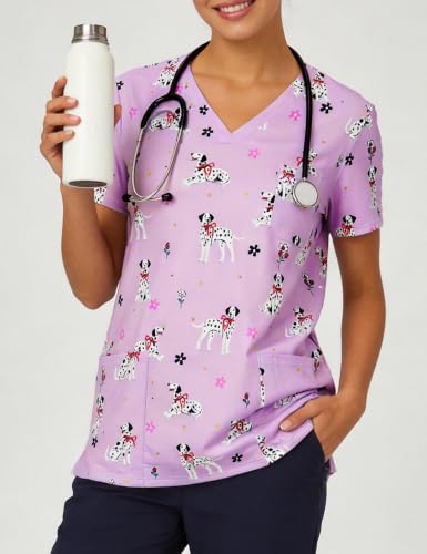 Women's Print Scrub Tops V Neck Short Sleeve Fun Scrubs Shirts - color: Puppy, size: X-Large