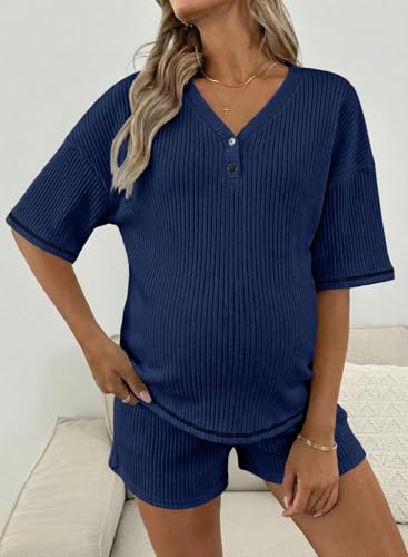 BLENCOT Maternity Pajamas Nursing Set Shorts Pregnancy Pj Sets - color: Navy Blue, size: X-Large