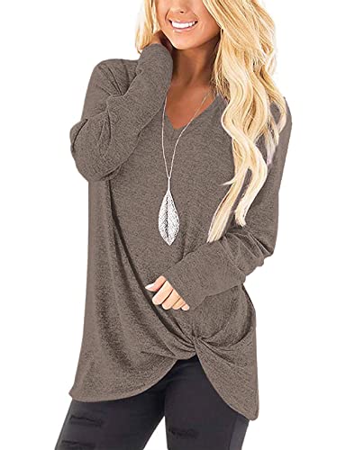SimpleFun Womens Tops Long Sleeve Shirts V Neck Loose Twist Knot Fall Tunic - color: 02-coffee, size: X-Large