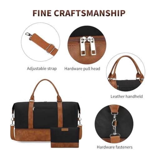 Oeihuivt Weekender Bags for Women - 21 Inch Large Travel Duffel Bag 2-Piece Set with Shoe Compartment, Heavy-Duty Canvas & Leather Carry On Overnight Tote (Airplane Approved) - color: Brown-Black