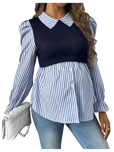 WDIRARA Women's Maternity Striped Button Down Shirts Long Sleeve Collared Blouse 2 in 1 Nursing Top - color: Blue and White, size: X-Large